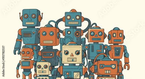 A Colorful Retro Robot Assembly a Diverse Group of Vintage Mechanical Characters Standing Together in a Cohesive Formation