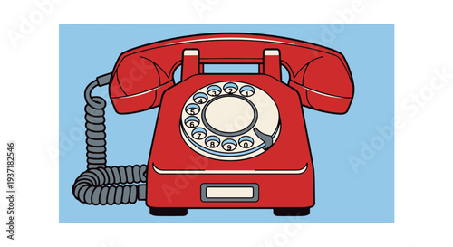 Retro Red Rotary Dial Telephone with Coiled Cord on a Light Blue Background
