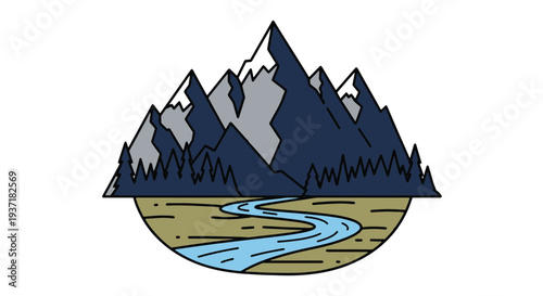 Stylized Mountain Range with Snow Caps and Pine Forest Above a Winding River in a Landscape