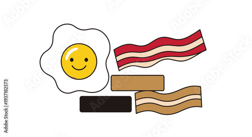 Smiling Fried Egg with Crispy Bacon Strips and Toast on a White Background