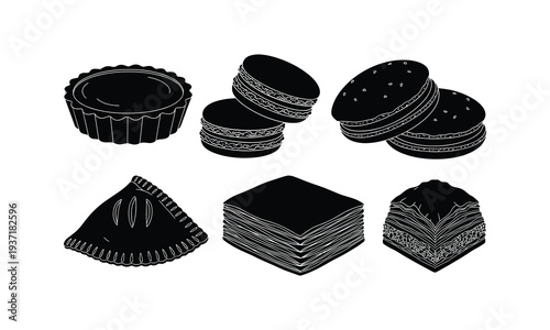 Black and white illustration of various desserts and pastries
