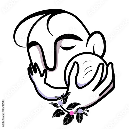 Single line art illustration of a dad embracing his infant with floral berry accents