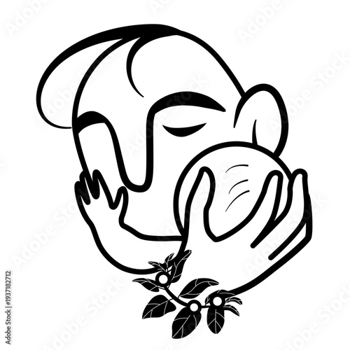 Minimalist one line drawing of a father holding his newborn baby. Black and white fatherhood concept