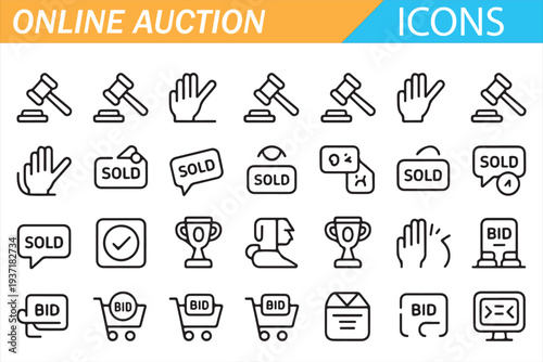 Bidding and Online Shopping Icon Set Black Outline Vector Pack