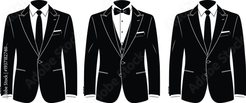 Vector silhouette set of men formal suits featuring classic black blazers with neckties and tuxedo with bow tie for wedding business and elegant events