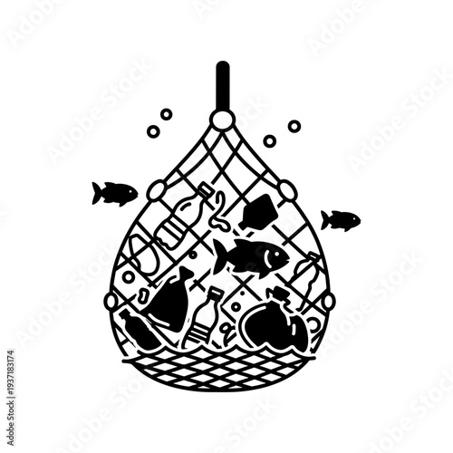 A fishing net filled with fish and plastic pollution a stark environmental statement silhouette