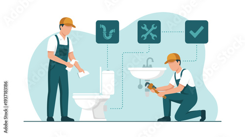 Professional Plumbers Working on Bathroom Fixtures and Home Maintenance