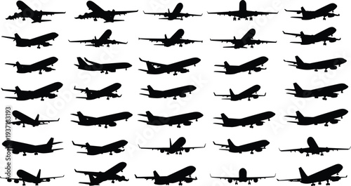 Airplane silhouette collection set, commercial passenger aircraft flying landing takeoff aviation transport airplane icons vector isolated black aircraft shapes
