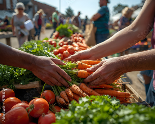 Close up of vendor and customer hands holding fresh organic carrots at local farmers market