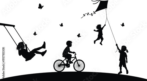 Children playing outdoors silhouette vector set with kids on swing bicycle and flying kite for park activities