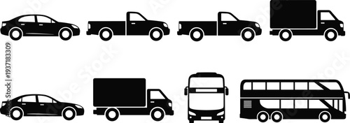 Car truck bus silhouette set, sedan pickup delivery truck double decker bus transport vehicle icons urban transportation vector collection isolated