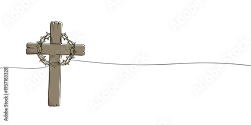 Minimal illustration of a wooden cross with crown of thorns, symbolizing the crucifixion of Jesus Christ, sacrifice, faith, salvation, and Easter.