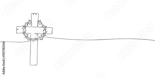 Minimal line illustration of a wooden cross with a crown of thorns, symbolizing the crucifixion of Jesus Christ, sacrifice, suffering, and Christian faith.