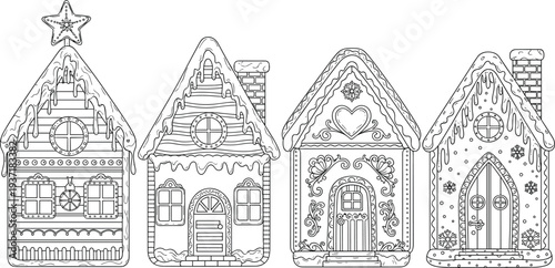 Whimsical gingerbread houses illustration, festive holiday architecture, decorative Christmas candy art, winter celebration design, sweet icing patterns, cozy seasonal home charming holiday decoration