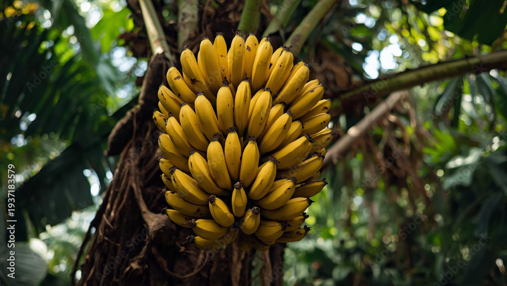 Fototapeta premium Ripening yellow bananas on the tree