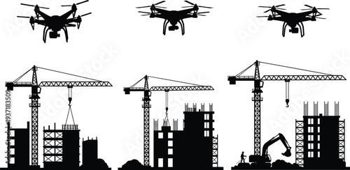 construction site silhouettes set, tower crane building construction and drone aerial technology, industrial engineering development scene vector illustration