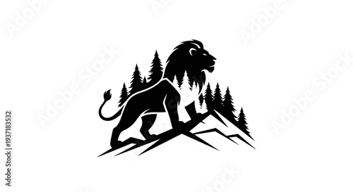 Lion silhouette and pine trees