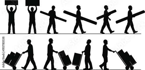 construction worker silhouettes carrying materials set, builders transporting beams and boxes, industrial laborers with hand truck carts vector illustration