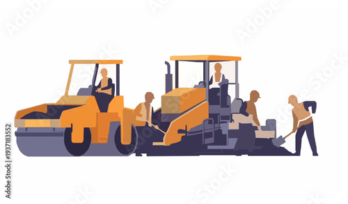Street road construction workers with asphalt machines flat cartoon vector illustration