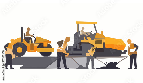 Highway road repair crew operating asphalt machinery teamwork vector illustration