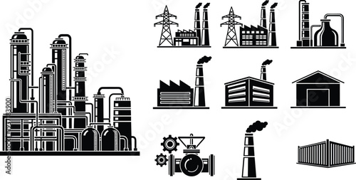 industrial factory silhouettes collection, power plant refinery buildings set, manufacturing industry icons, oil gas chemical plant, warehouse energy infrastructure vector illustration