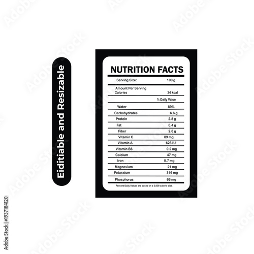 Broccoli Nutrition, Nutrition facts Label. Vector. Food information with daily value. Data table ingredients calorie, fat, sugar, Package template, Layout design, Nutrition Facts