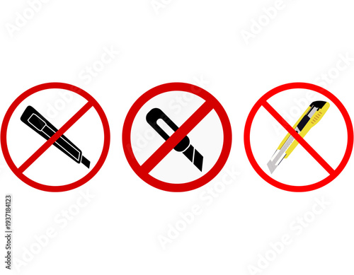 Three different types of utility knives, also known as box cutters, are shown with a red 'no' symbol over each, indicating a prohibition or warning against their use.