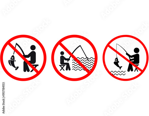 Three no fishing signs with black icons of a person holding a fishing rod and a fish on the hook, indicating prohibition.