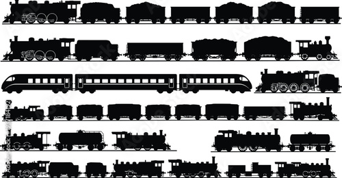 train silhouettes collection, steam locomotive trains set, railway transport vector, cargo freight wagons, vintage railway engines, passenger train cars, railroad transportation illustration