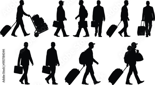 traveler silhouettes with luggage set, airport passenger walking collection, suitcase trolley travel people, tourism business trip passengers vector illustration