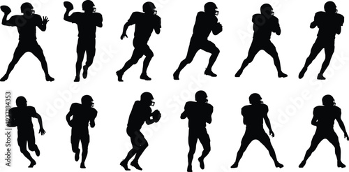 American football player silhouettes set, quarterback running and throwing poses collection, sport athlete action vector illustration, football game silhouette bundle