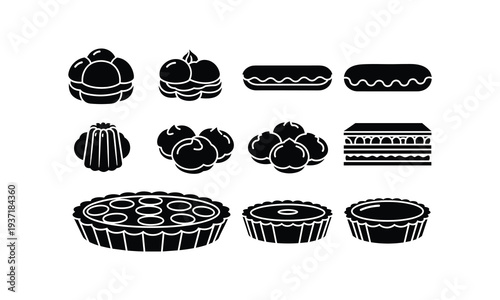 Black and white illustration of various desserts and baked goods