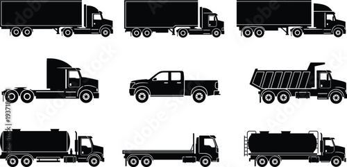 truck silhouettes collection, cargo transport vehicles set including semi trailer pickup dump tanker flatbed delivery logistics transportation industry vector icons