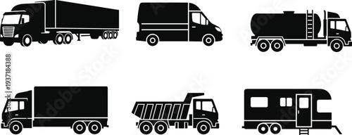 truck silhouettes collection, cargo transport vehicles set, delivery van tanker dump truck trailer camper, logistics transportation vector illustration