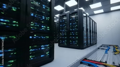 Modern Data Center with Server Racks and Cables.