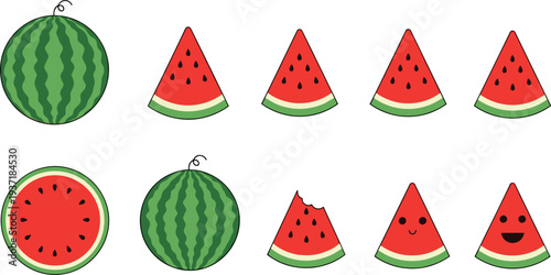 Watermelon Icon Set Featuring Whole Watermelon, Watermelon Slice, Bitten Slice and Cute Smiling Watermelon for Fresh Summer Fruit Design