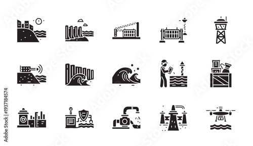 Industrial water management icons set for commercial use