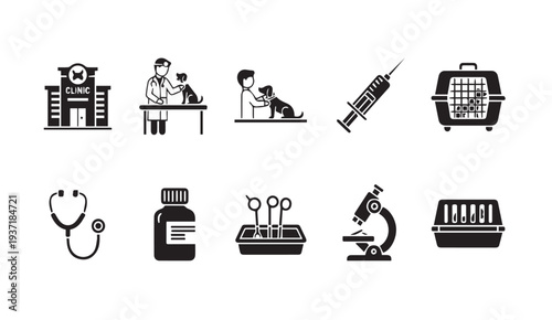 Veterinary clinic icons set for pet care and medical services