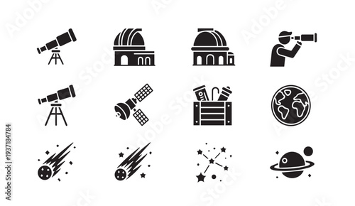 Astronomy symbols and space exploration icons for science and education