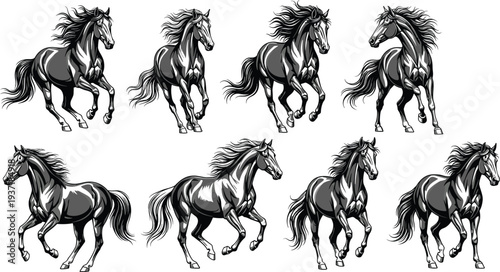 Running horse illustrations collection, powerful wild stallion galloping poses set, detailed equine animal vector drawing, dynamic horse movement bundle