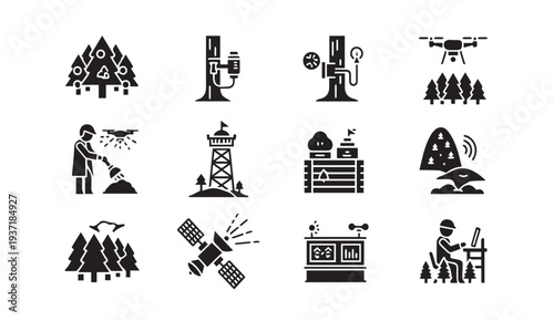 Black icons illustrate modern forest management and technology integration