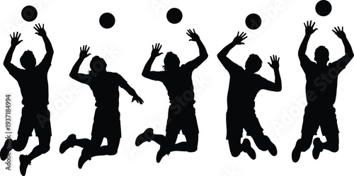 Volleyball player silhouettes set, jumping spike action poses collection, beach sport athlete vector illustration, dynamic volleyball game black silhouette bundle