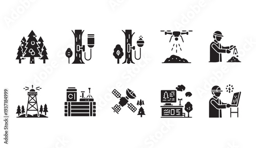 Carbon offset and eco-friendly technology icons for sustainable business practices