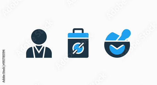 Healthcare and Pharmaceutical Icon Set with Professional Pharmacist Medical Bag and Natural Medicine Bowl