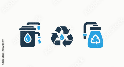 Sustainable Water Management and Conservation Icons Showing Recycling Processes and Water Filtration