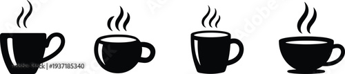 Hot coffee cup icons set, steaming mug silhouettes, black vector beverage symbols for cafe menu, tea coffee drink logo design