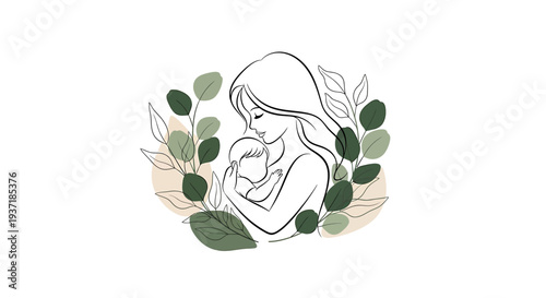 Mother Holding Baby in Simple Line Art.