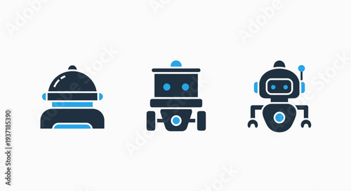 Various robotic machine icons including catering bot, square delivery robot, and humanoid assistant for technology branding
