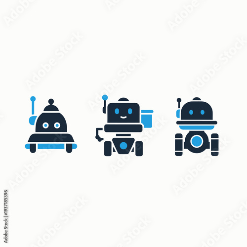 Friendly service robot character icons for automation, delivery, and smart future technology concepts in blue and black