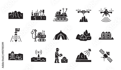 Set of mining industry icons including machinery and equipment